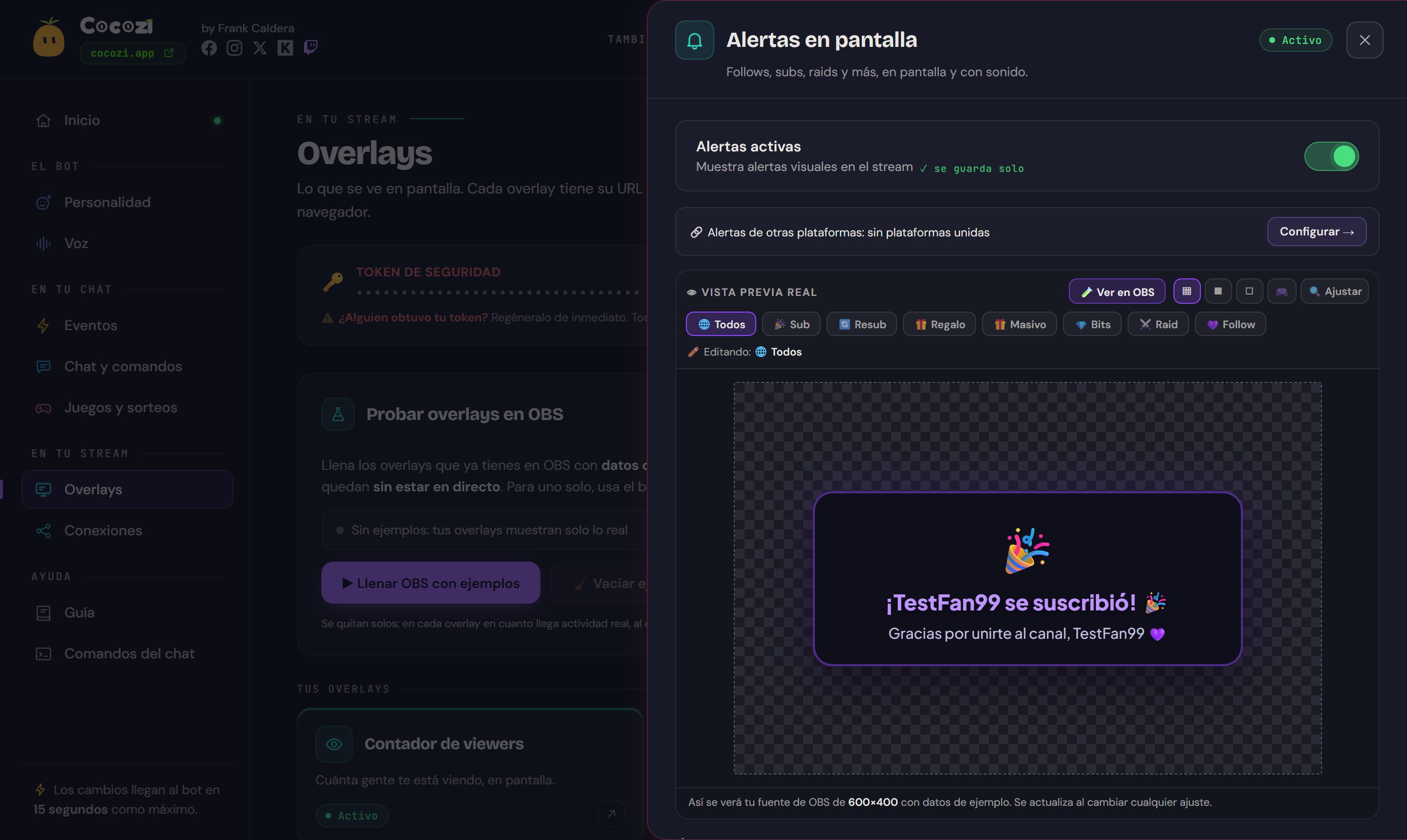 Panel de Cocozi: alertas en pantalla con vista previa real