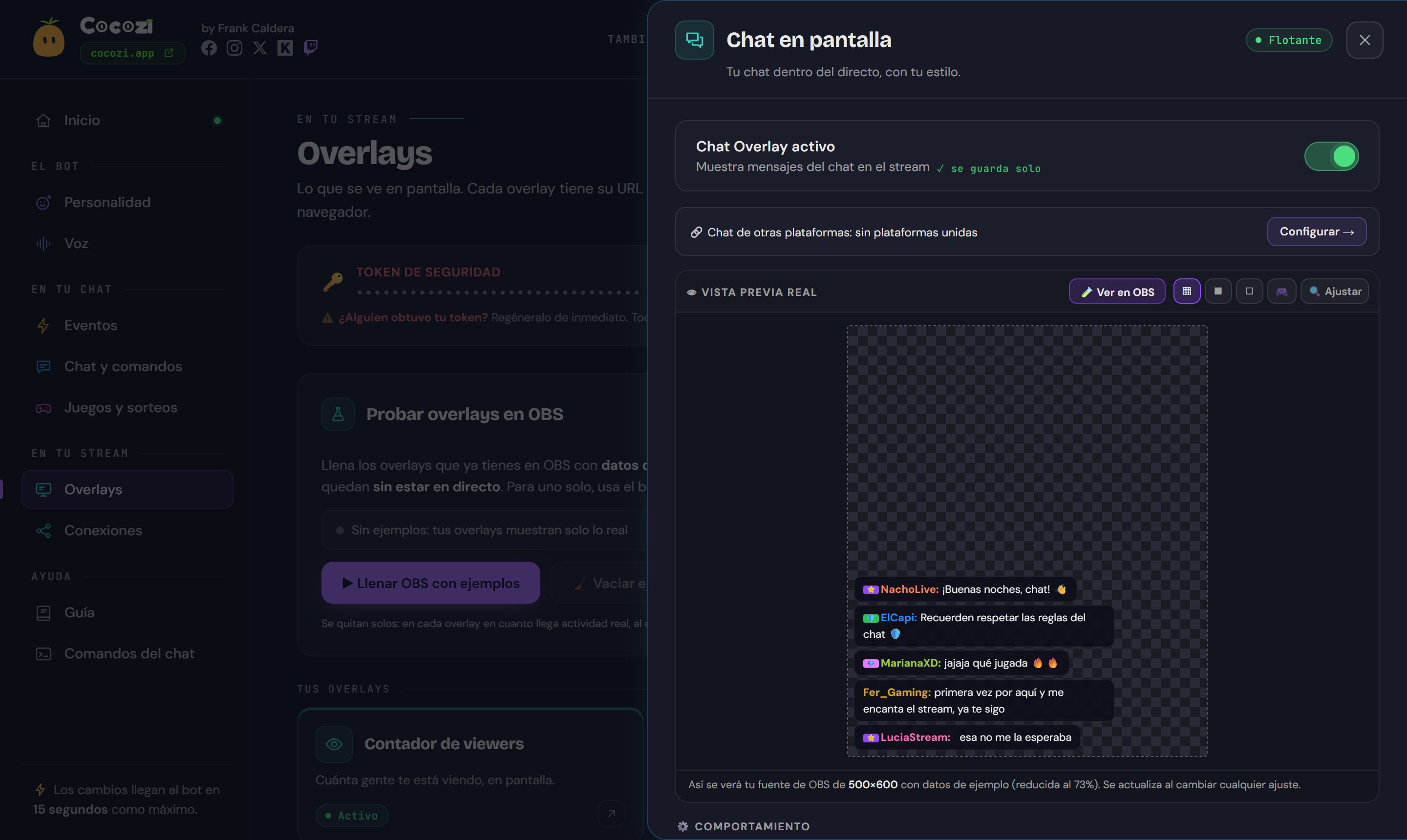 Panel de Cocozi: el chat en pantalla con su vista previa real