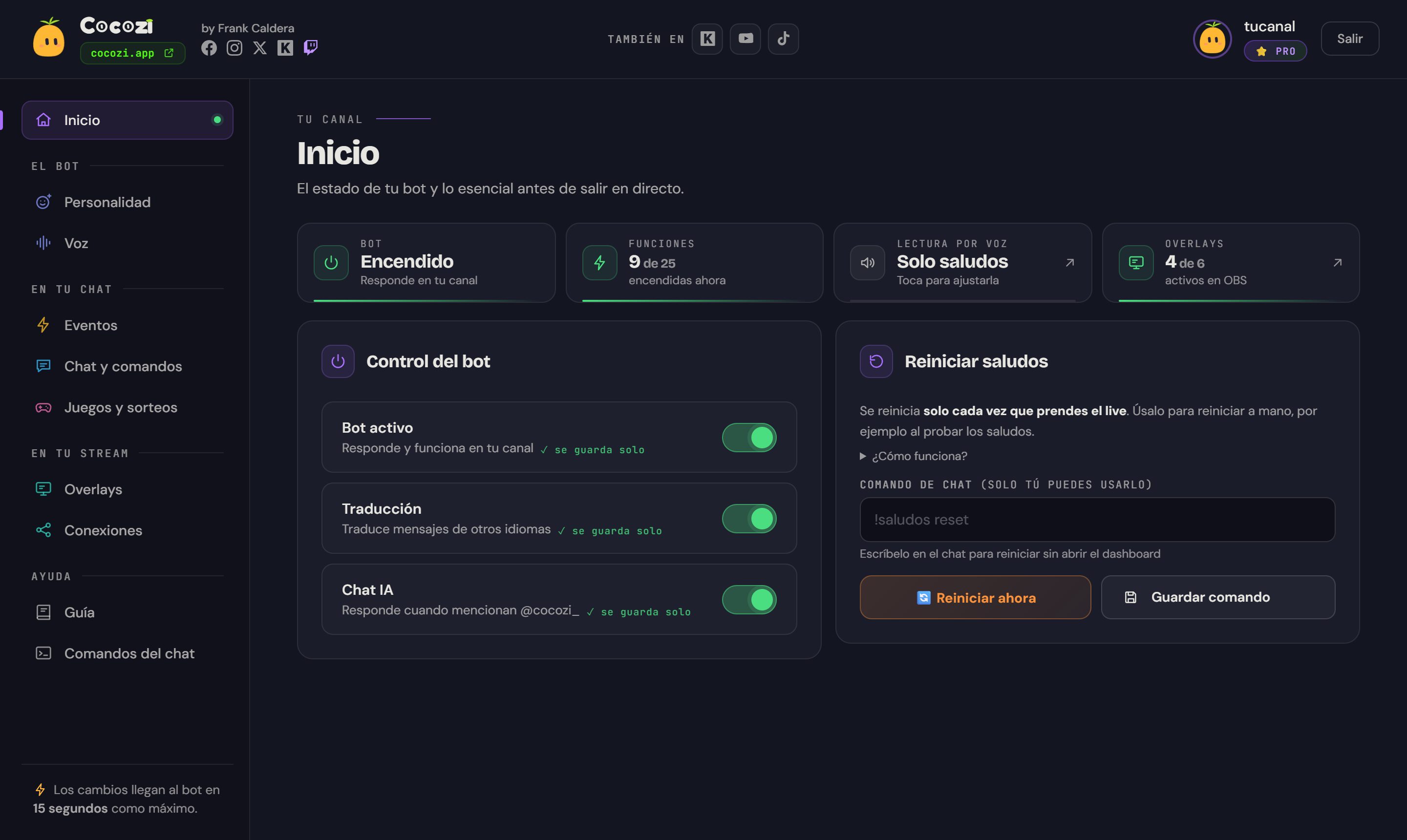Panel de Cocozi para Twitch: inicio con el estado del bot y el menú