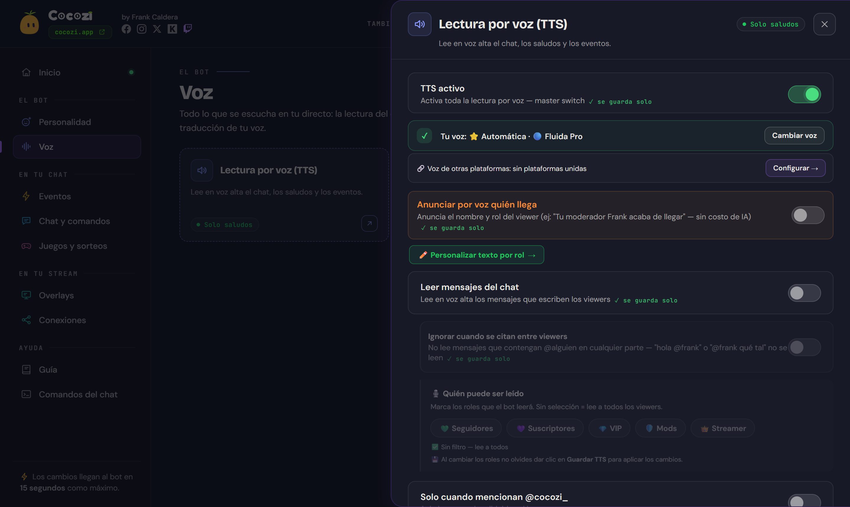 Panel de Cocozi: la lectura por voz abierta, con la voz Pro elegida