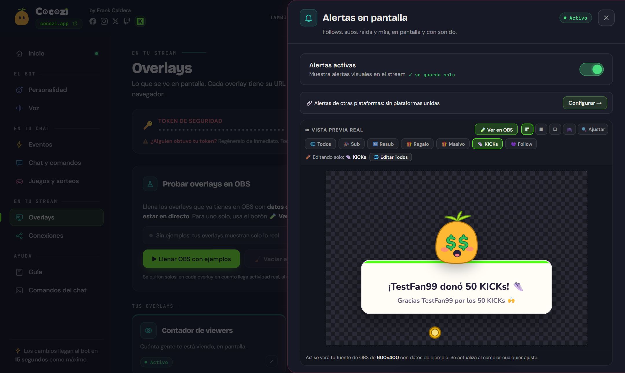 Panel de Cocozi para Kick: alerta de KICKs con la vista previa real