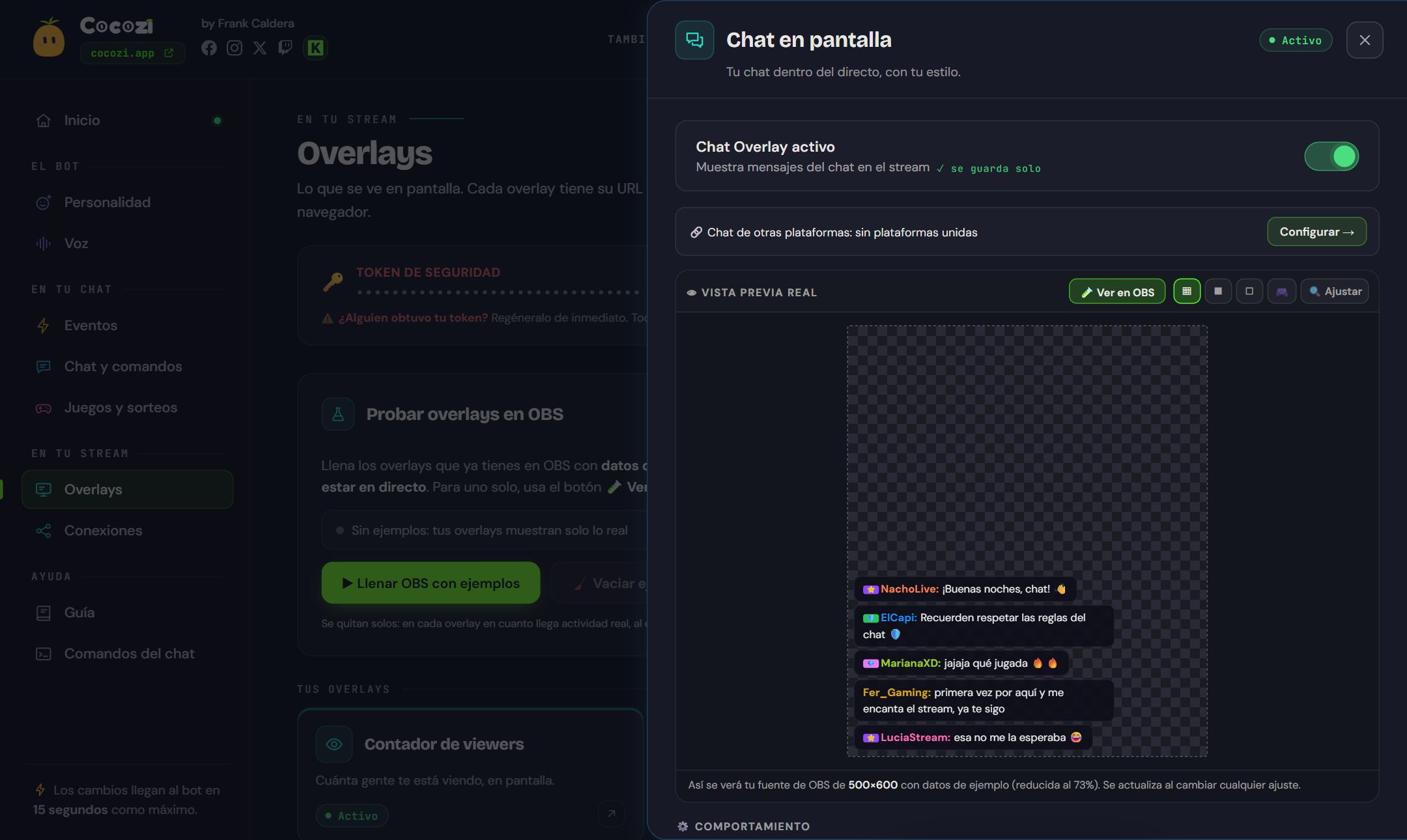 Panel de Cocozi: el chat en pantalla con la vista previa y el tamaño de la fuente de OBS