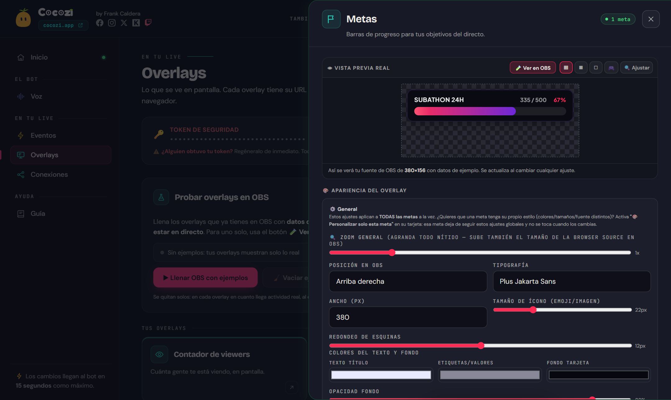 Panel de Cocozi para TikTok LIVE: barra de meta con vista previa