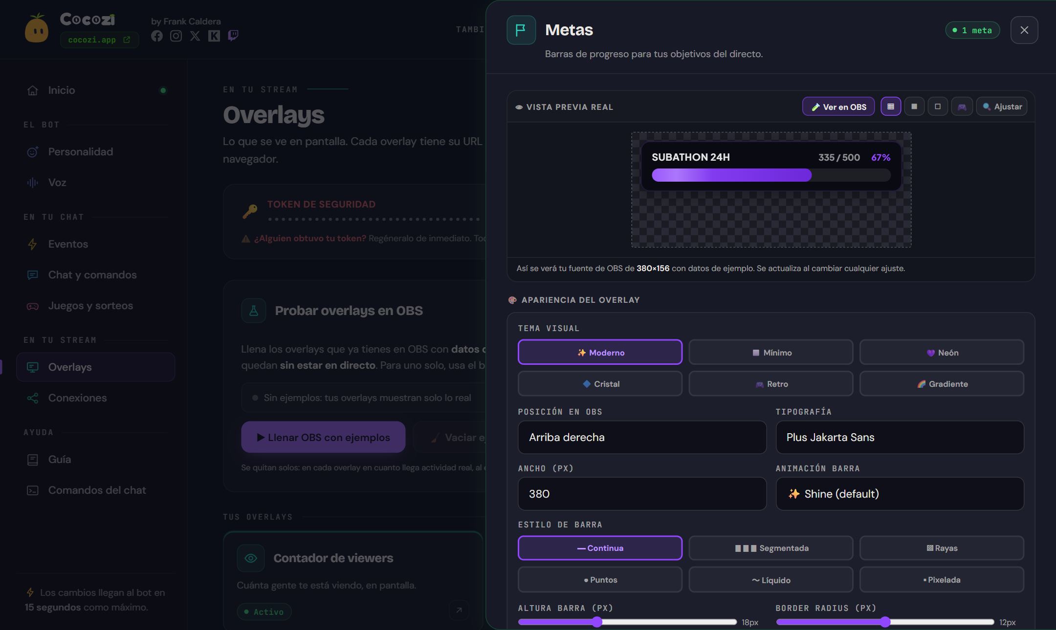 Panel de Cocozi para Twitch: meta de subathon con vista previa