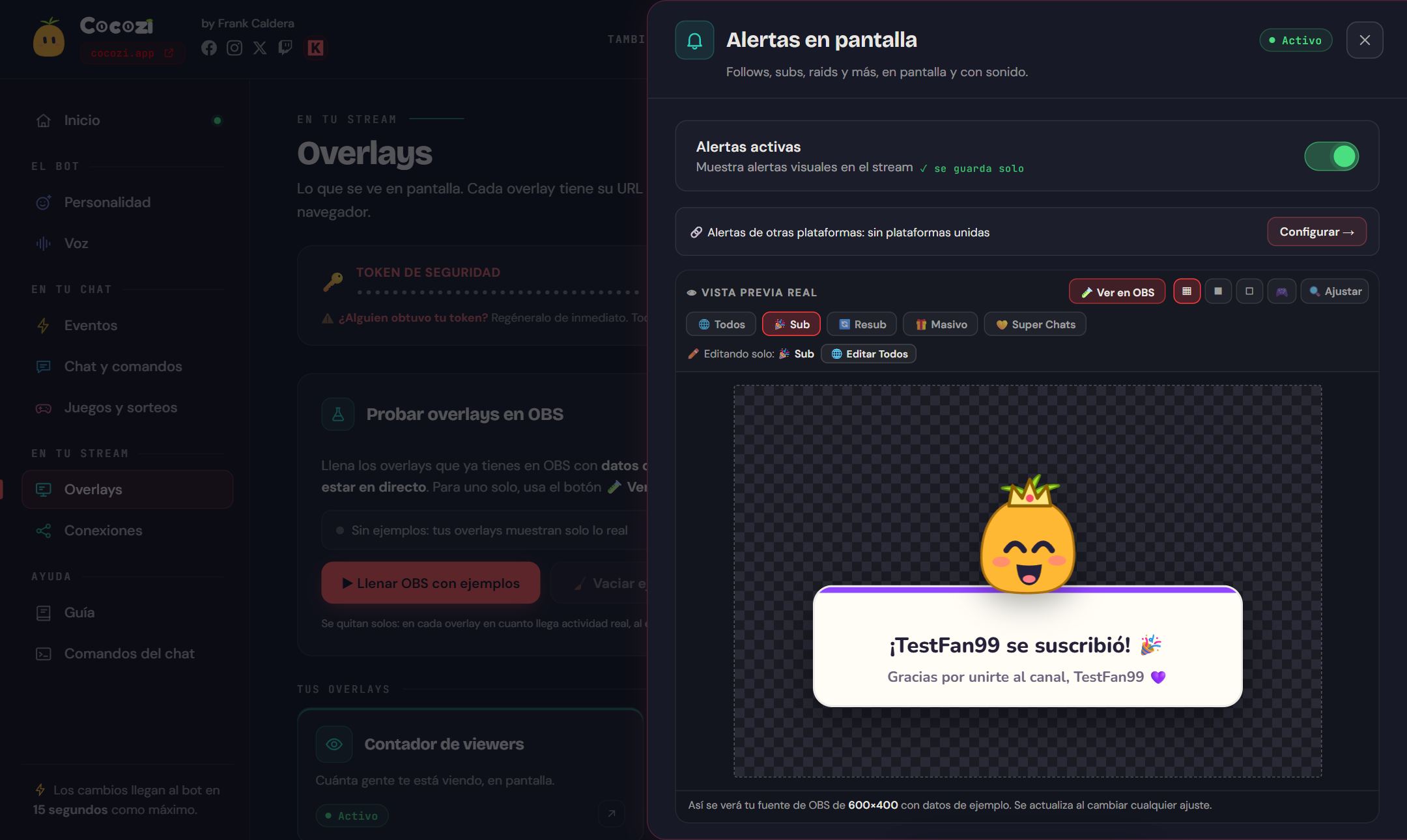 Panel de Cocozi para YouTube: alerta de nuevo suscriptor