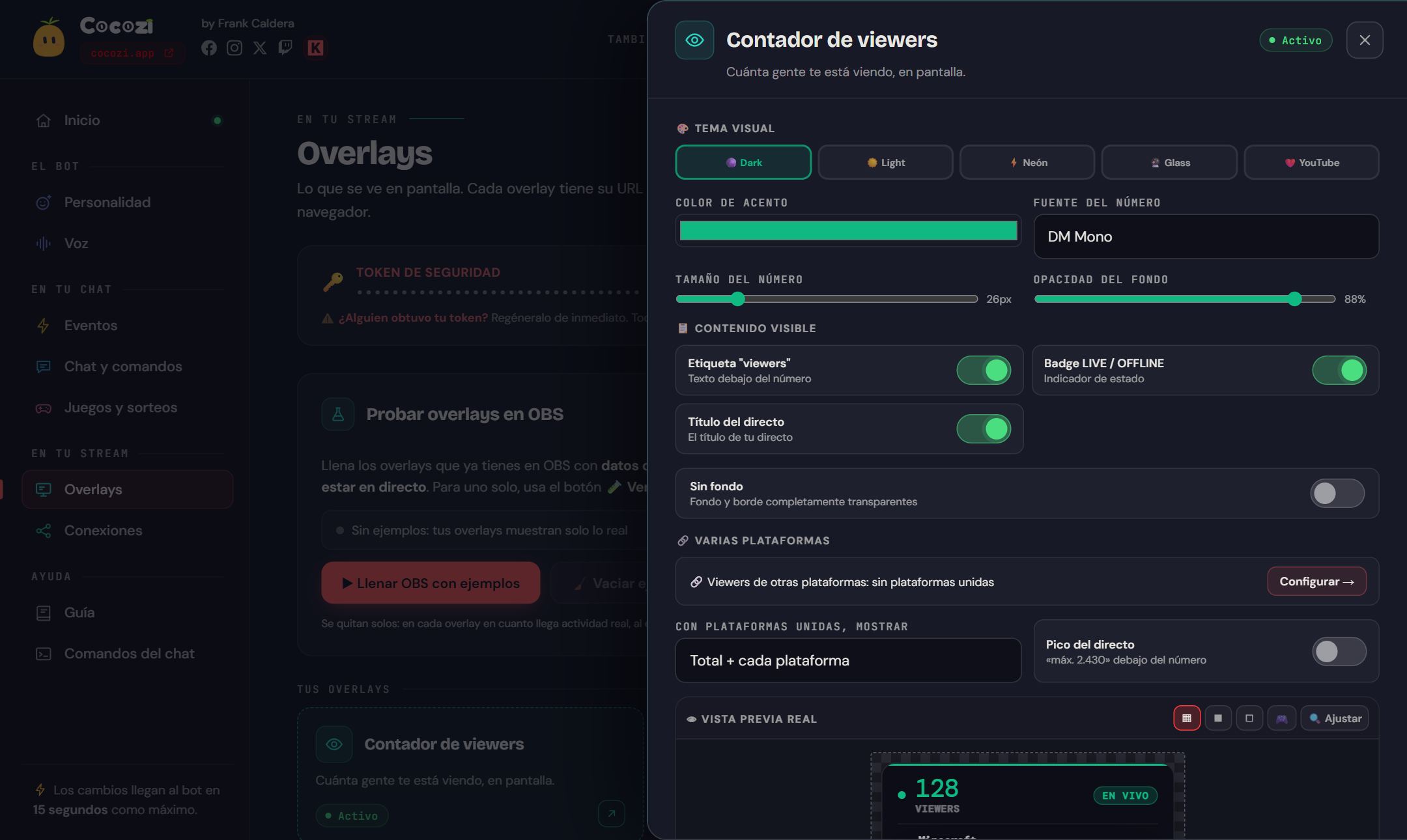 Panel de Cocozi para YouTube: contador de viewers